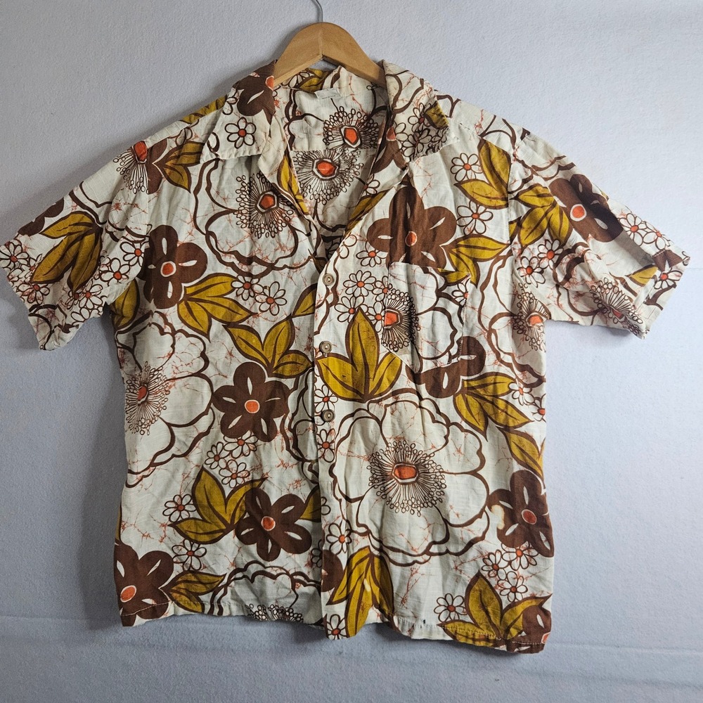 Vintage Sundek Floral Batik Shirt Mens XL Brown Yellow Made in USA 70s Style